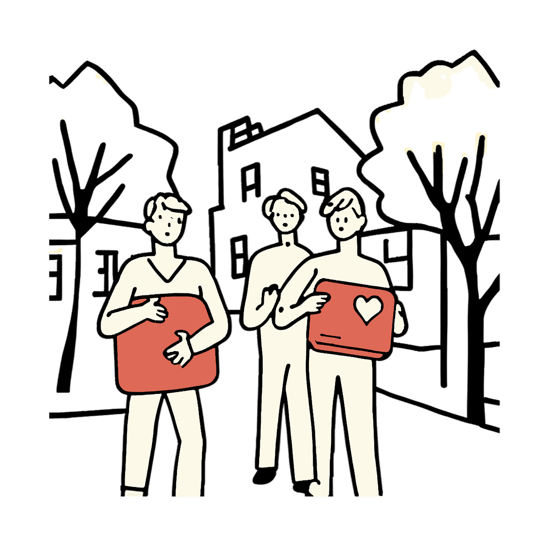 sydäniskuri kuvitus ihmiset pitävät sidäniskuripakkauksia kädessä taustalla kerrostalot ja puita