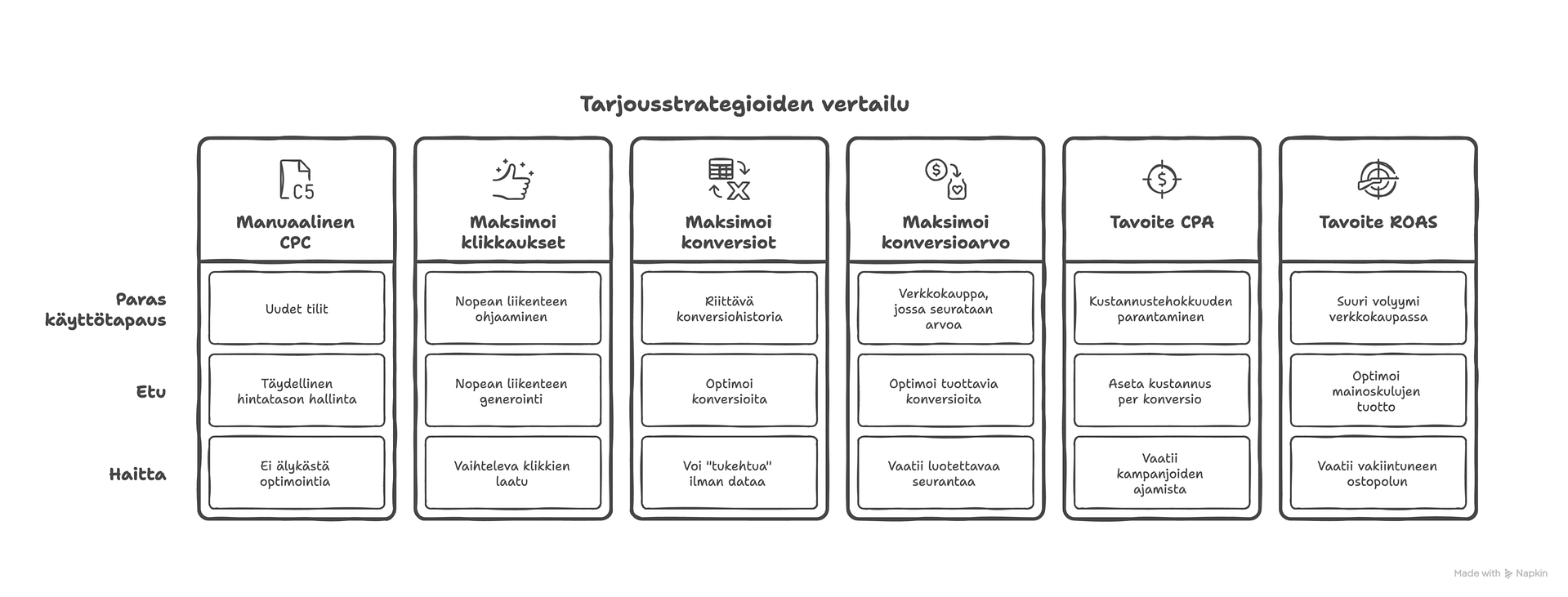 Google Ads hintatarjousstrategiat havainnollistettuna taulukkoon.