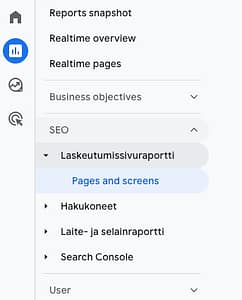 Kuva havainnollistaa miten Google Analyticsiin luodaan uusi osio valikkopalkkiin.