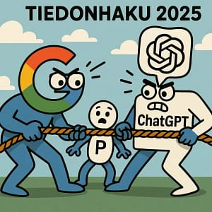 Humoristinen kuvituskuva, jossa Google vastaan ChatGPT.