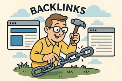 Humoristinen kuvituskuva, jossa mies rakentaa ulkoisia linkityksiä vasaralla