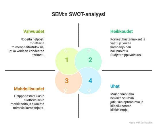 Kuvassa on tehty SWOT-analyysi hakukonemarkkinoinnille (SEM).