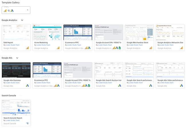 Esimerkkejä Google Looker Studion mahdollistamista valmiista raporttipohjista.